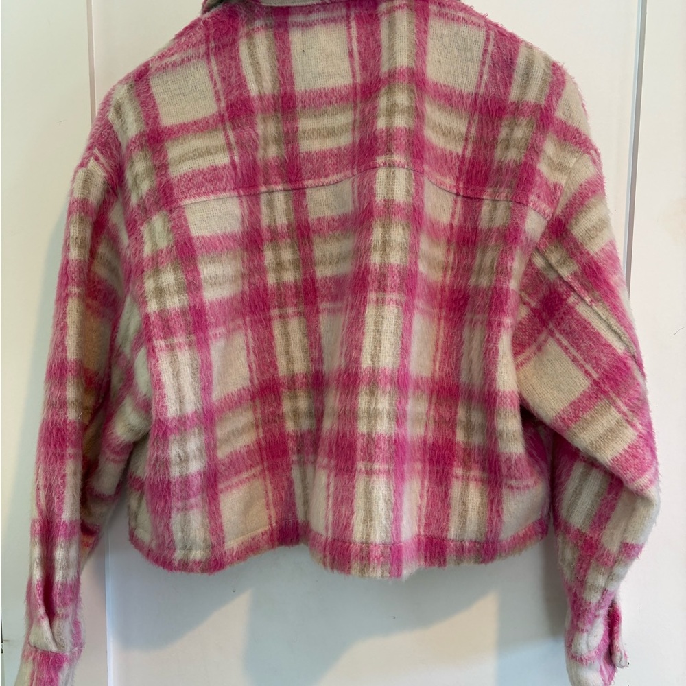 Zara Pink Ivory Plaid Cropped Shacket Oversized Trucker Jacket XS - Picture 3 of 10